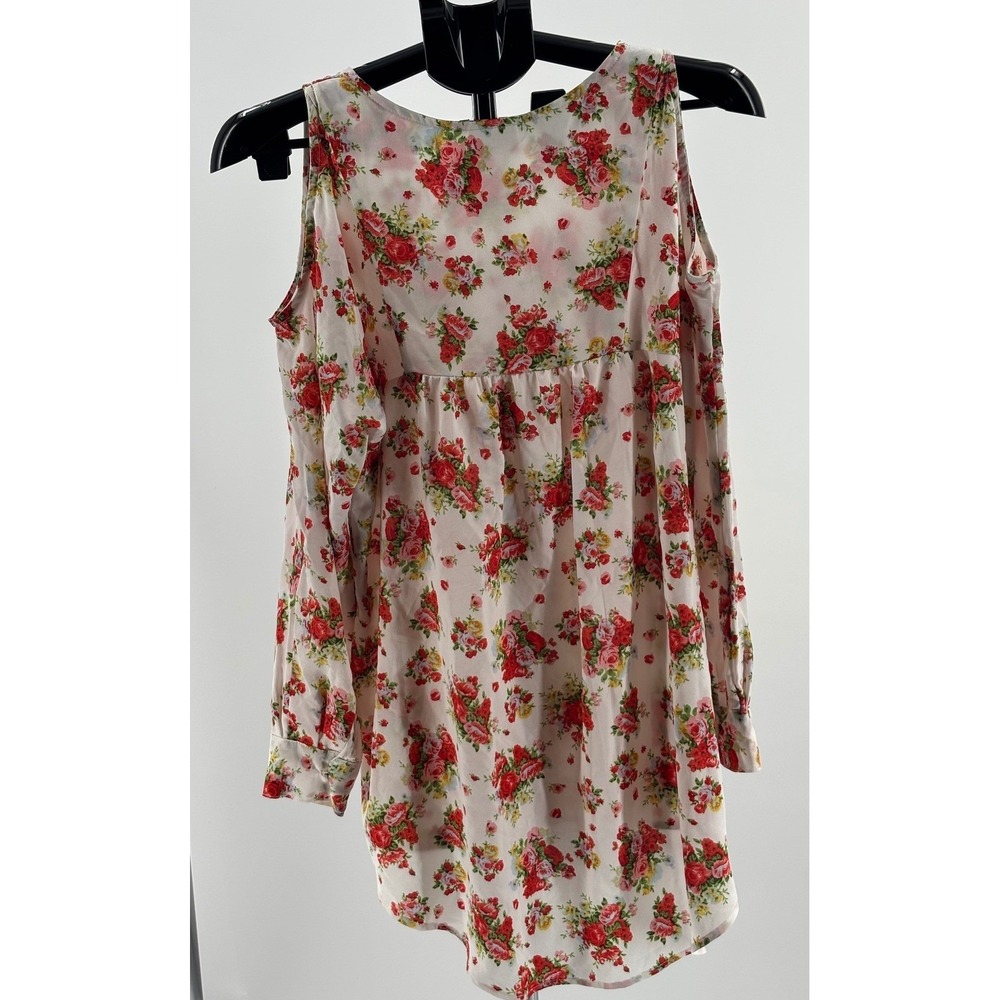 Lucy Love Floral Cold Shoulder Blouse Womens Large White Red Boho‎ Button Up Top - Picture 10 of 12